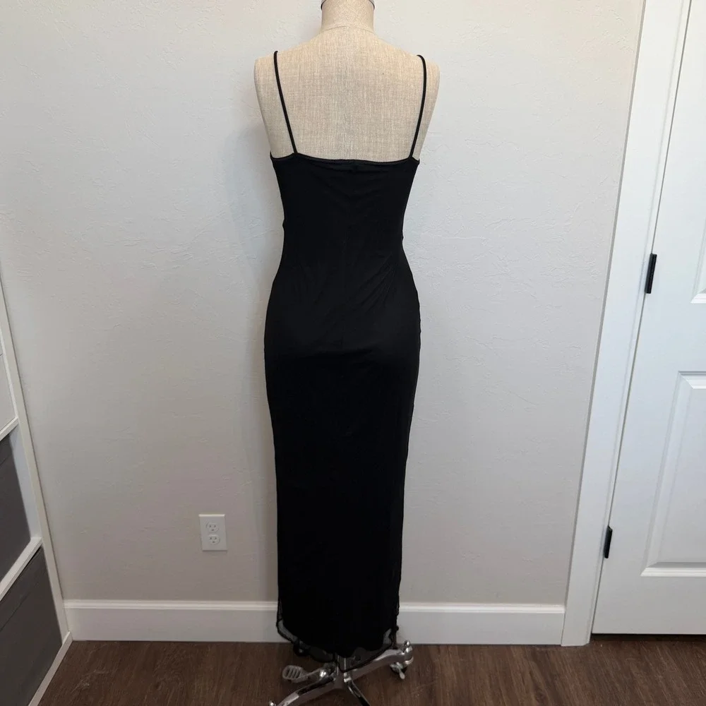 Vintage Monster Girl Medium Maxi Dress Black Rose Floral Mesh Overlay 90s Goth